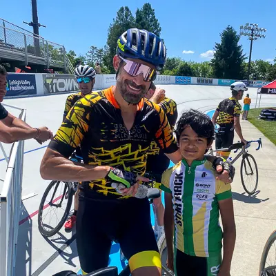 Ari Ebens with George Hincapie at Lehigh Valley Gran Fondo 4 Jun 2022
